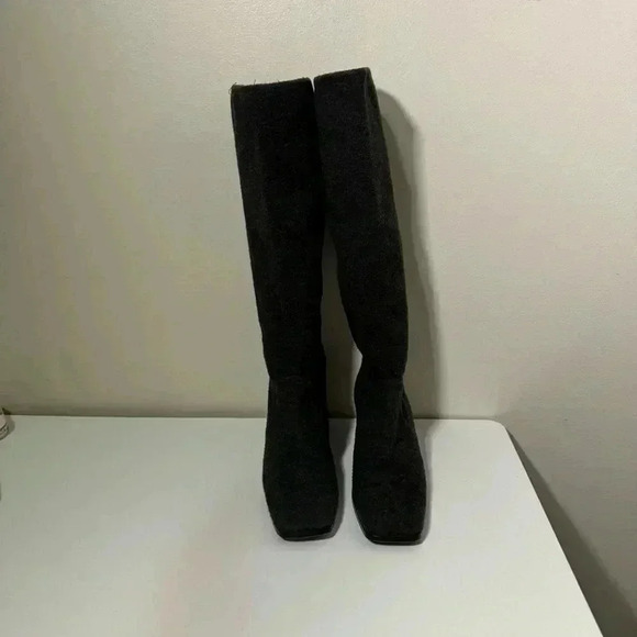 Vintage 80s Yves Saint Laurent gray wool felt square toe knee  high boots 6 - Picture 8 of 11